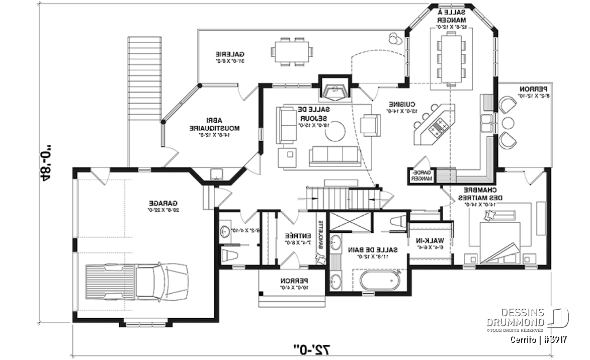 Rez-de-chaussée - Plan maison bord de l'eau, 2 à 4 chambres, garage, solarium, plafond cathédrale, foyer, grand balcon - Cerrito