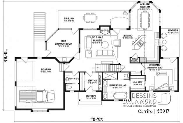 Rez-de-chaussée - Plan maison bord de l'eau, 2 à 4 chambres, garage, solarium, plafond cathédrale, foyer, grand balcon - Cerrito