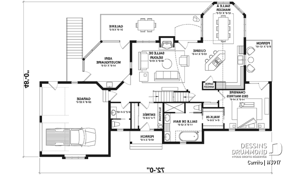 Rez-de-chaussée - Plan maison bord de l'eau, 2 à 4 chambres, garage, solarium, plafond cathédrale, foyer, grand balcon - Cerrito