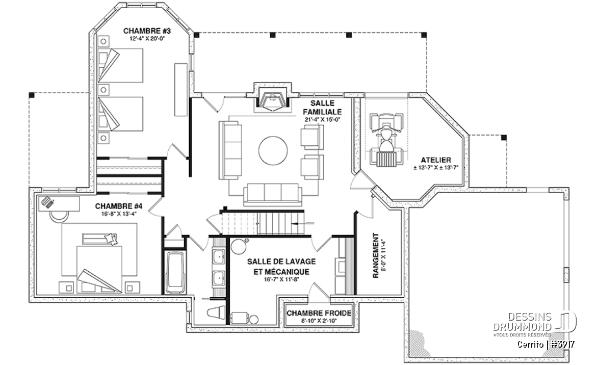 Sous-sol - Plan maison bord de l'eau, 2 à 4 chambres, garage, solarium, plafond cathédrale, foyer, grand balcon - Cerrito