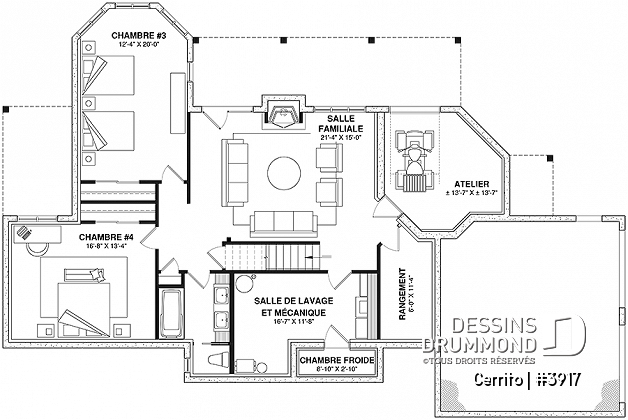 Sous-sol - Plan maison bord de l'eau, 2 à 4 chambres, garage, solarium, plafond cathédrale, foyer, grand balcon - Cerrito