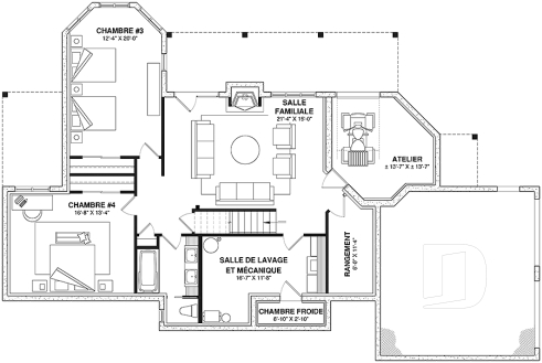 Sous-sol - Plan maison bord de l'eau, 2 à 4 chambres, garage, solarium, plafond cathédrale, foyer, grand balcon - Cerrito