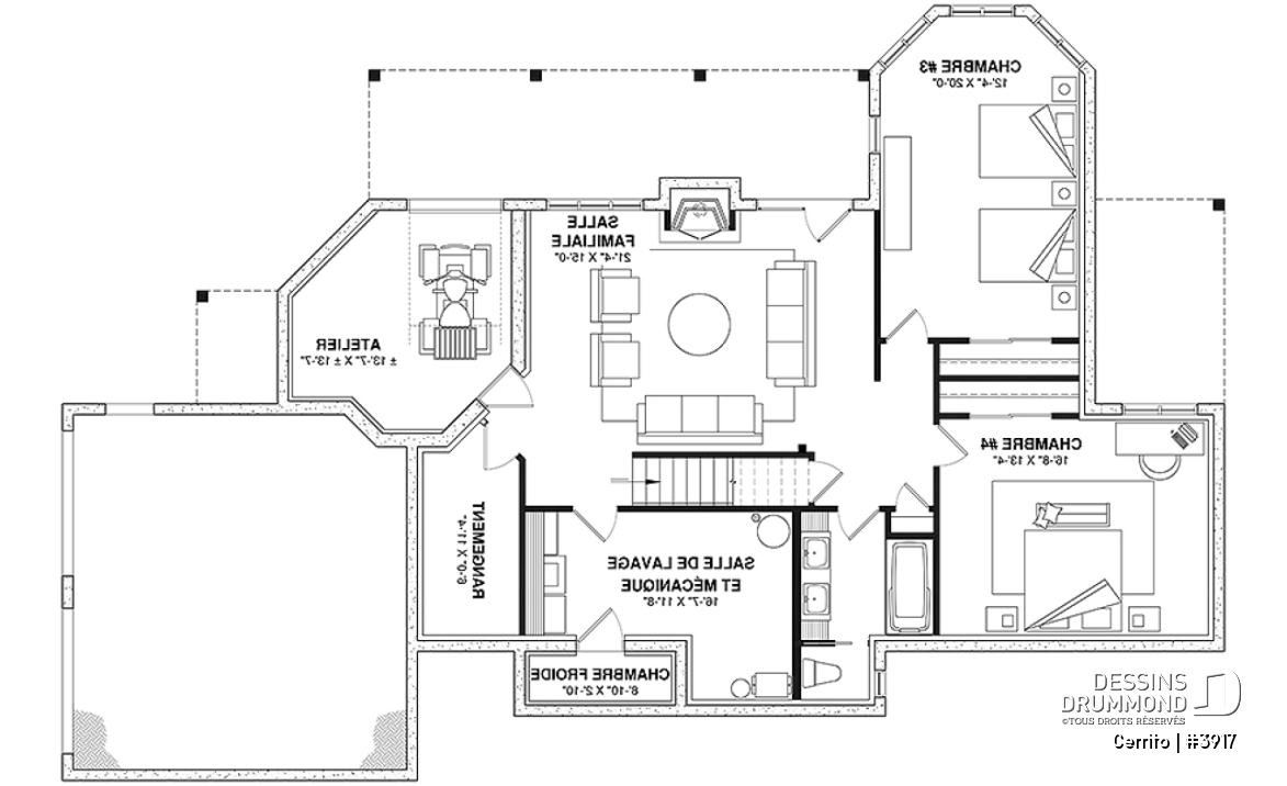 Sous-sol - Plan maison bord de l'eau, 2 à 4 chambres, garage, solarium, plafond cathédrale, foyer, grand balcon - Cerrito