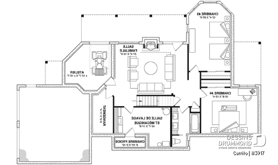 Sous-sol - Plan maison bord de l'eau, 2 à 4 chambres, garage, solarium, plafond cathédrale, foyer, grand balcon - Cerrito