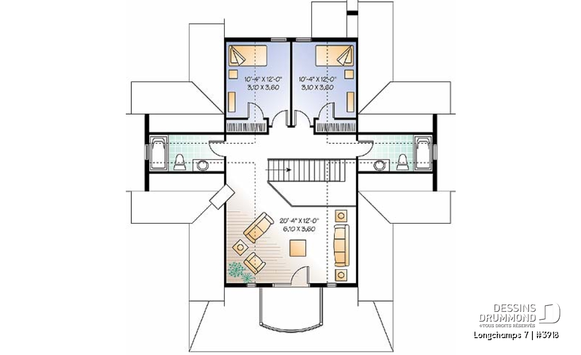 Étage - Modèle de chalet, 3 à 4 chambres, 3.5 salles de bain, foyer double face, galerie couverte, plafond 9' - Longchamps 7