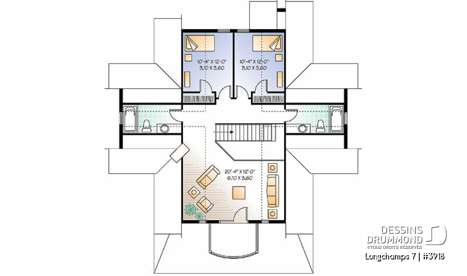 Étage - Modèle de chalet, 3 à 4 chambres, 3.5 salles de bain, foyer double face, galerie couverte, plafond 9' - Longchamps 7