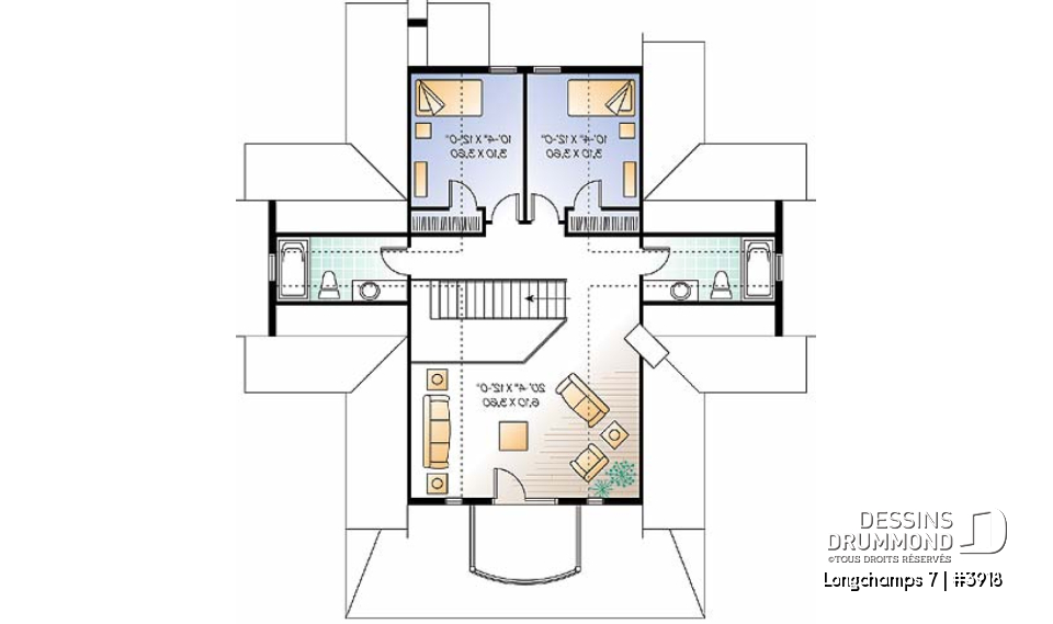 Étage - Modèle de chalet, 3 à 4 chambres, 3.5 salles de bain, foyer double face, galerie couverte, plafond 9' - Longchamps 7