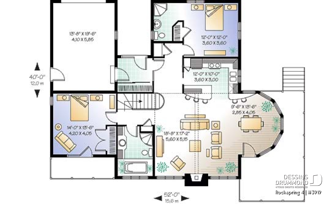 Rez-de-chaussée - Plan de maison avec fondation en rez-de-jardin, 2 à 4 chambres, foyer, plafond cathédral - Rockspring 4