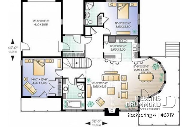 Rez-de-chaussée - Plan de maison avec fondation en rez-de-jardin, 2 à 4 chambres, foyer, plafond cathédral - Rockspring 4