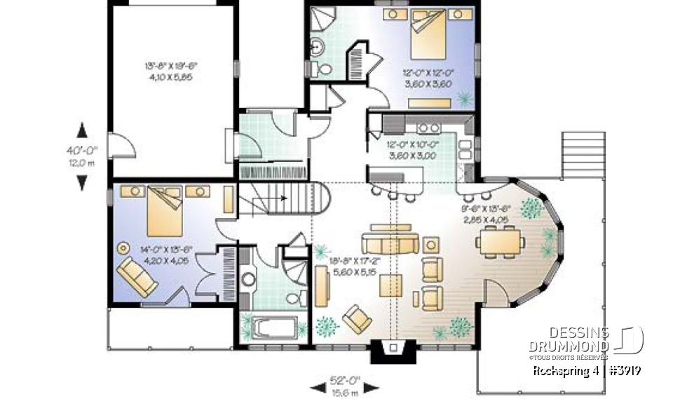 Rez-de-chaussée - Plan de maison avec fondation en rez-de-jardin, 2 à 4 chambres, foyer, plafond cathédral - Rockspring 4