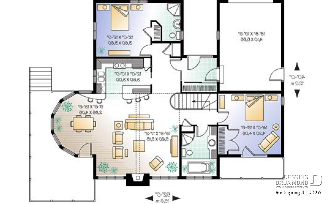Rez-de-chaussée - Plan de maison avec fondation en rez-de-jardin, 2 à 4 chambres, foyer, plafond cathédral - Rockspring 4