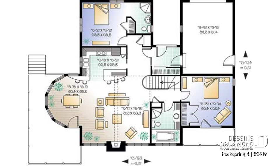 Rez-de-chaussée - Plan de maison avec fondation en rez-de-jardin, 2 à 4 chambres, foyer, plafond cathédral - Rockspring 4