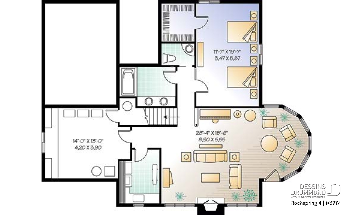 Sous-sol - Plan de maison avec fondation en rez-de-jardin, 2 à 4 chambres, foyer, plafond cathédral - Rockspring 4