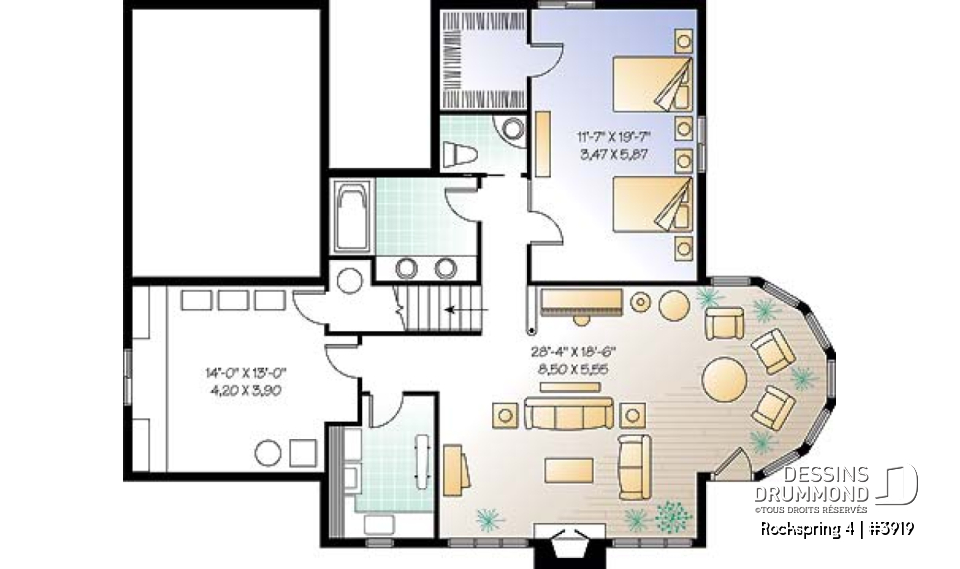 Sous-sol - Plan de maison avec fondation en rez-de-jardin, 2 à 4 chambres, foyer, plafond cathédral - Rockspring 4