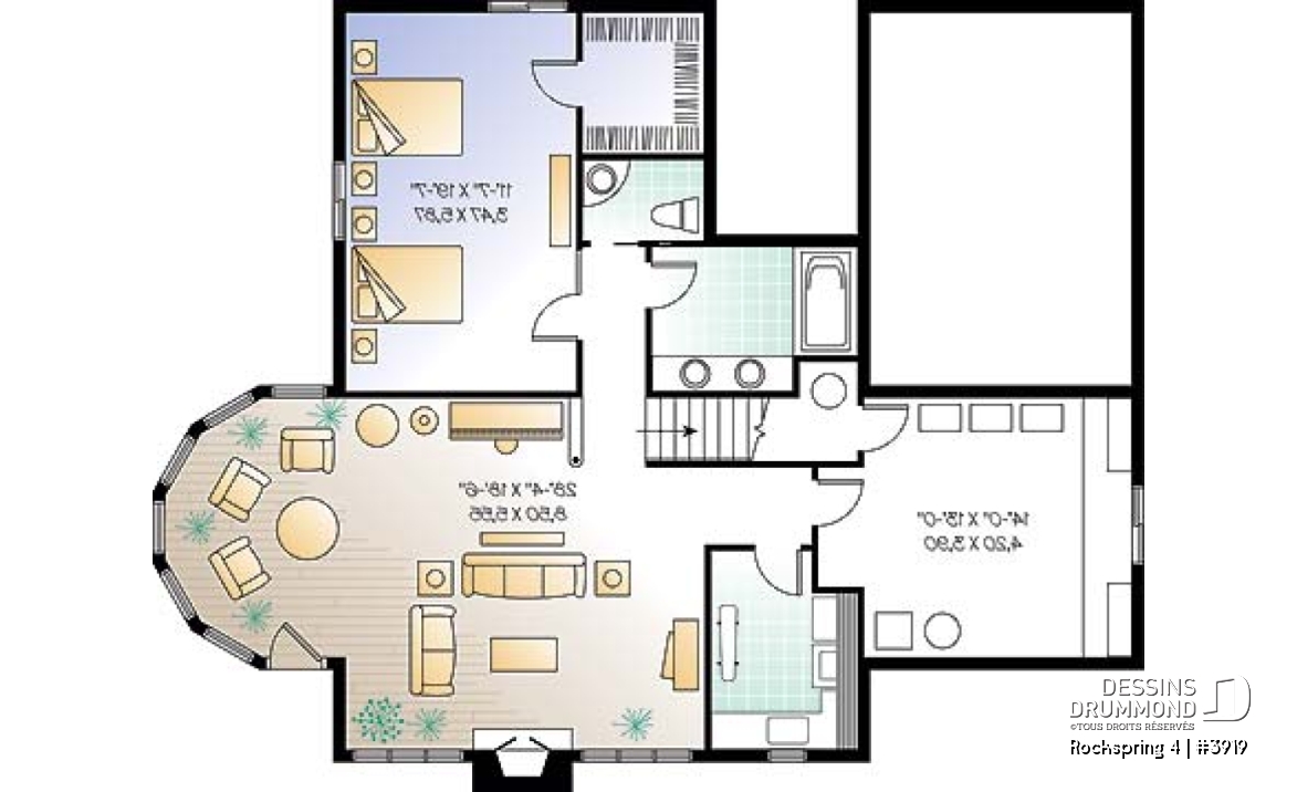 Sous-sol - Plan de maison avec fondation en rez-de-jardin, 2 à 4 chambres, foyer, plafond cathédral - Rockspring 4