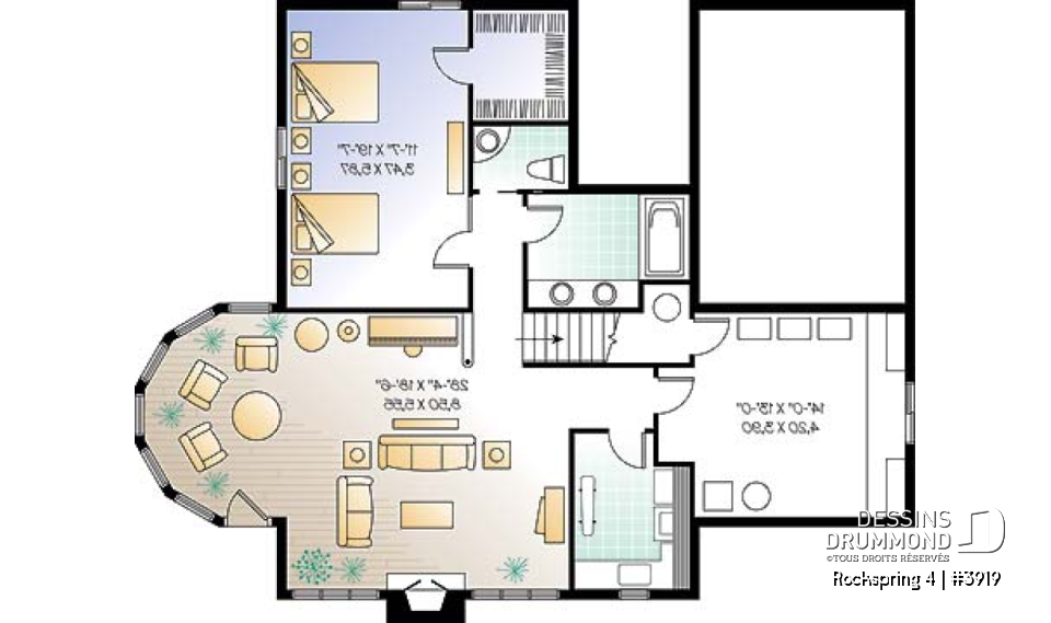 Sous-sol - Plan de maison avec fondation en rez-de-jardin, 2 à 4 chambres, foyer, plafond cathédral - Rockspring 4