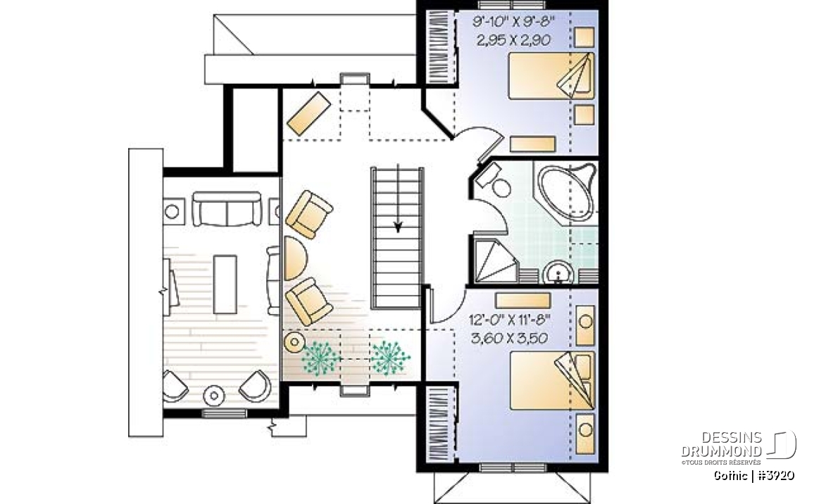 Étage - Plan de maison style Tudor, 3 chambres, plafond cathédral, mezzanine, superbe luminosité - Gothic