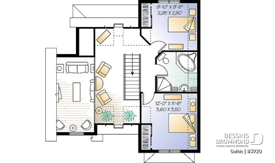 Étage - Plan de maison style Tudor, 3 chambres, plafond cathédral, mezzanine, superbe luminosité - Gothic