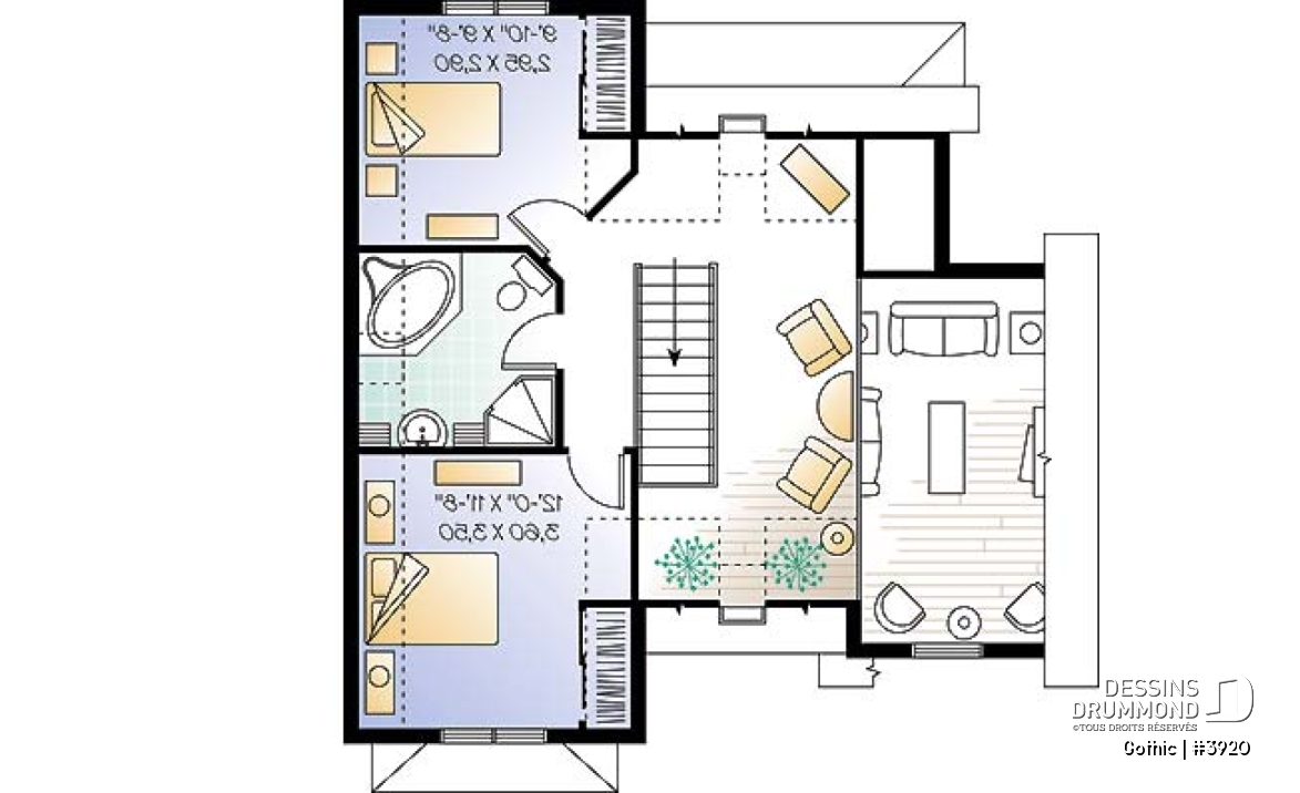 Étage - Plan de maison style Tudor, 3 chambres, plafond cathédral, mezzanine, superbe luminosité - Gothic
