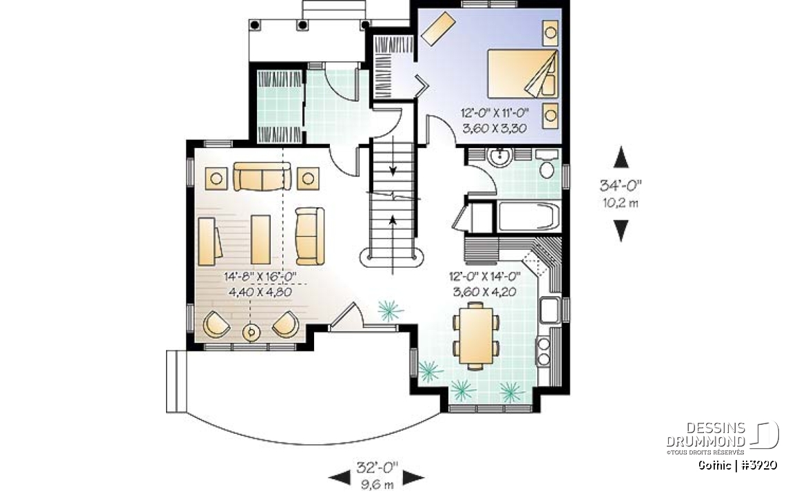 Rez-de-chaussée - Plan de maison style Tudor, 3 chambres, plafond cathédral, mezzanine, superbe luminosité - Gothic