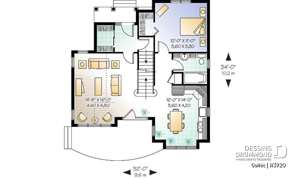 Rez-de-chaussée - Plan de maison style Tudor, 3 chambres, plafond cathédral, mezzanine, superbe luminosité - Gothic