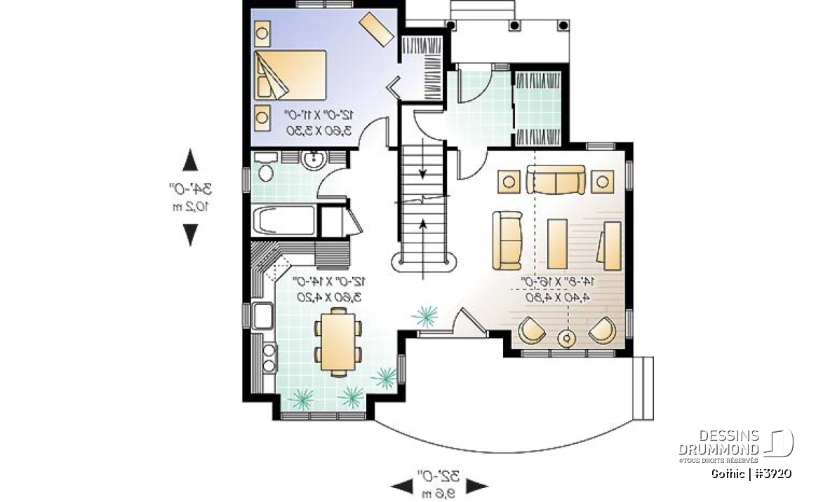 Rez-de-chaussée - Plan de maison style Tudor, 3 chambres, plafond cathédral, mezzanine, superbe luminosité - Gothic
