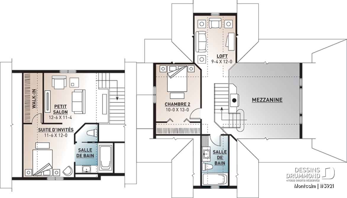 Étage - Plan de maison champêtre style chalet, garage double, 3 à 4 chambres, suite pour invités au-dessus du garage - Montcalm
