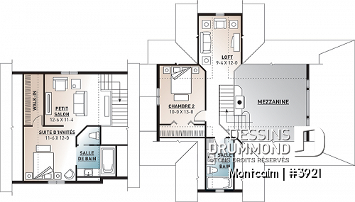 Étage - Plan de maison champêtre style chalet, garage double, 3 à 4 chambres, suite pour invités au-dessus du garage - Montcalm