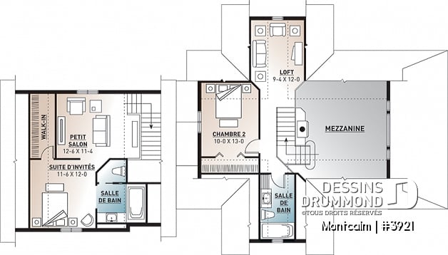 Étage - Plan de maison champêtre style chalet, garage double, 3 à 4 chambres, suite pour invités au-dessus du garage - Montcalm