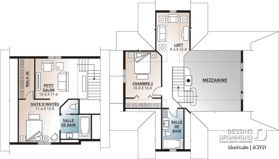 Étage - Plan de maison champêtre style chalet, garage double, 3 à 4 chambres, suite pour invités au-dessus du garage - Montcalm