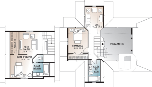 Étage - Plan de maison champêtre style chalet, garage double, 3 à 4 chambres, suite pour invités au-dessus du garage - Montcalm