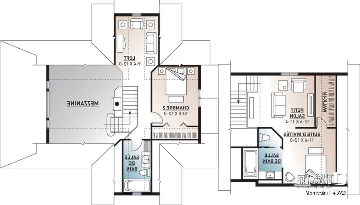 Étage - Plan de maison champêtre style chalet, garage double, 3 à 4 chambres, suite pour invités au-dessus du garage - Montcalm