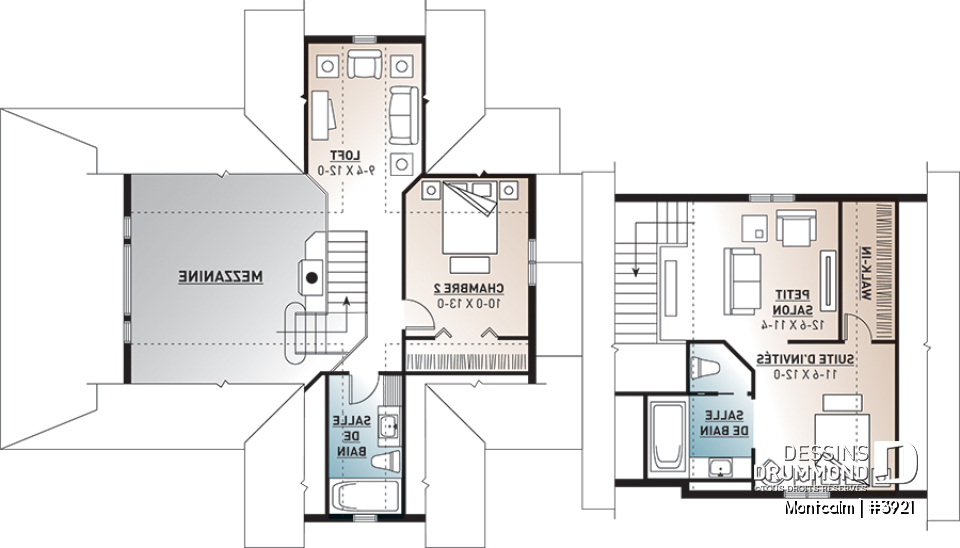 Étage - Plan de maison champêtre style chalet, garage double, 3 à 4 chambres, suite pour invités au-dessus du garage - Montcalm