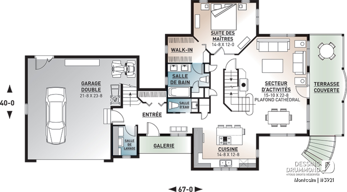 Rez-de-chaussée - Plan de maison champêtre style chalet, garage double, 3 à 4 chambres, suite pour invités au-dessus du garage - Montcalm
