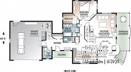 Rez-de-chaussée - Plan de maison champêtre style chalet, garage double, 3 à 4 chambres, suite pour invités au-dessus du garage - Montcalm