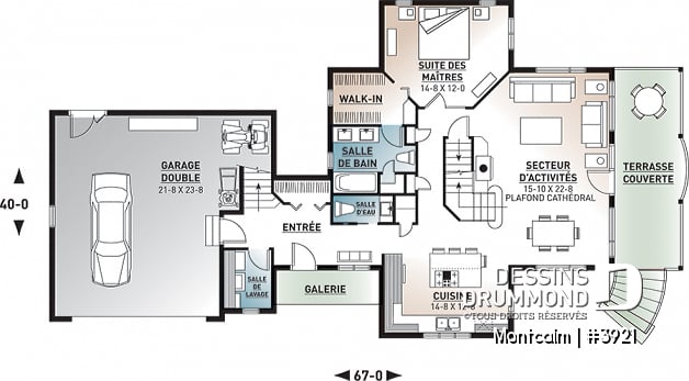 Rez-de-chaussée - Plan de maison champêtre style chalet, garage double, 3 à 4 chambres, suite pour invités au-dessus du garage - Montcalm