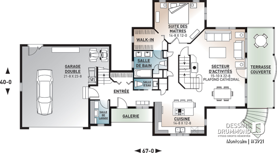 Rez-de-chaussée - Plan de maison champêtre style chalet, garage double, 3 à 4 chambres, suite pour invités au-dessus du garage - Montcalm