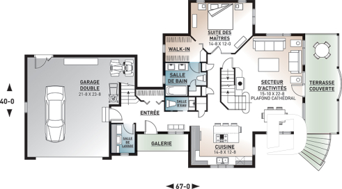 Rez-de-chaussée - Plan de maison champêtre style chalet, garage double, 3 à 4 chambres, suite pour invités au-dessus du garage - Montcalm