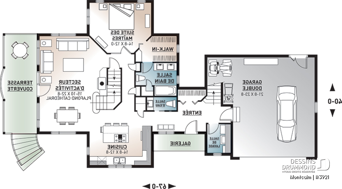 Rez-de-chaussée - Plan de maison champêtre style chalet, garage double, 3 à 4 chambres, suite pour invités au-dessus du garage - Montcalm