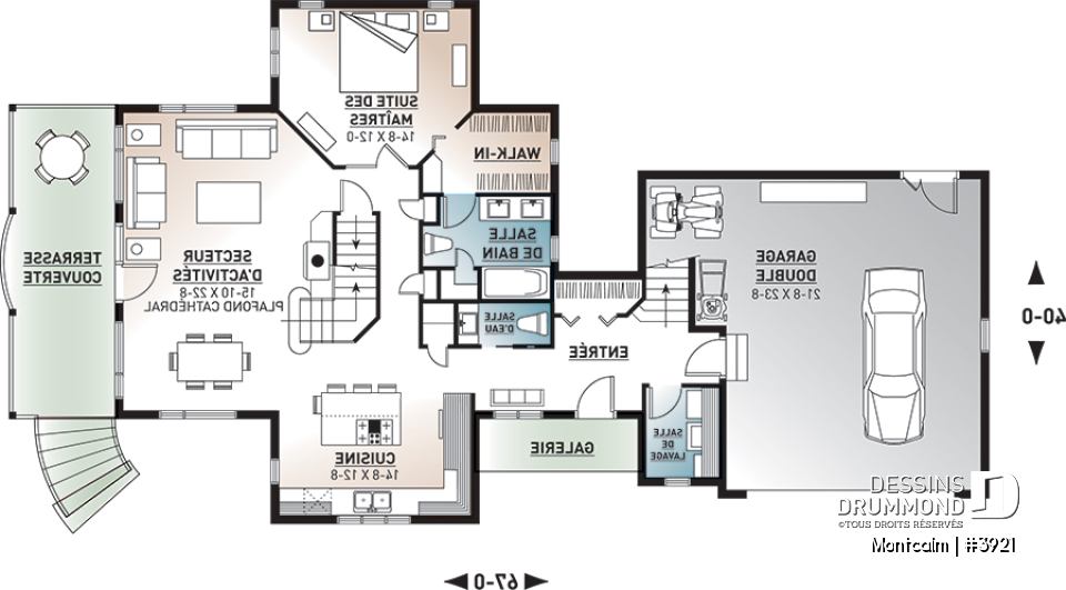 Rez-de-chaussée - Plan de maison champêtre style chalet, garage double, 3 à 4 chambres, suite pour invités au-dessus du garage - Montcalm