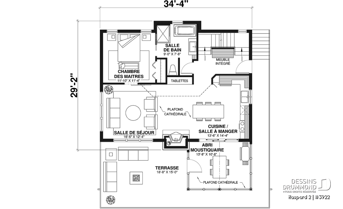 Rez-de-chaussée - Plan de chalet rustique, abri moustiquaire, 3 à 4 chambres, mezzanine, grande terrasse - Kaspard 2