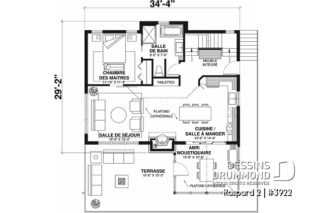 Rez-de-chaussée - Plan de chalet rustique, abri moustiquaire, 3 à 4 chambres, mezzanine, grande terrasse - Kaspard 2