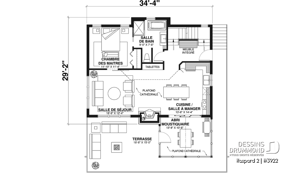 Rez-de-chaussée - Plan de chalet rustique, abri moustiquaire, 3 à 4 chambres, mezzanine, grande terrasse - Kaspard 2