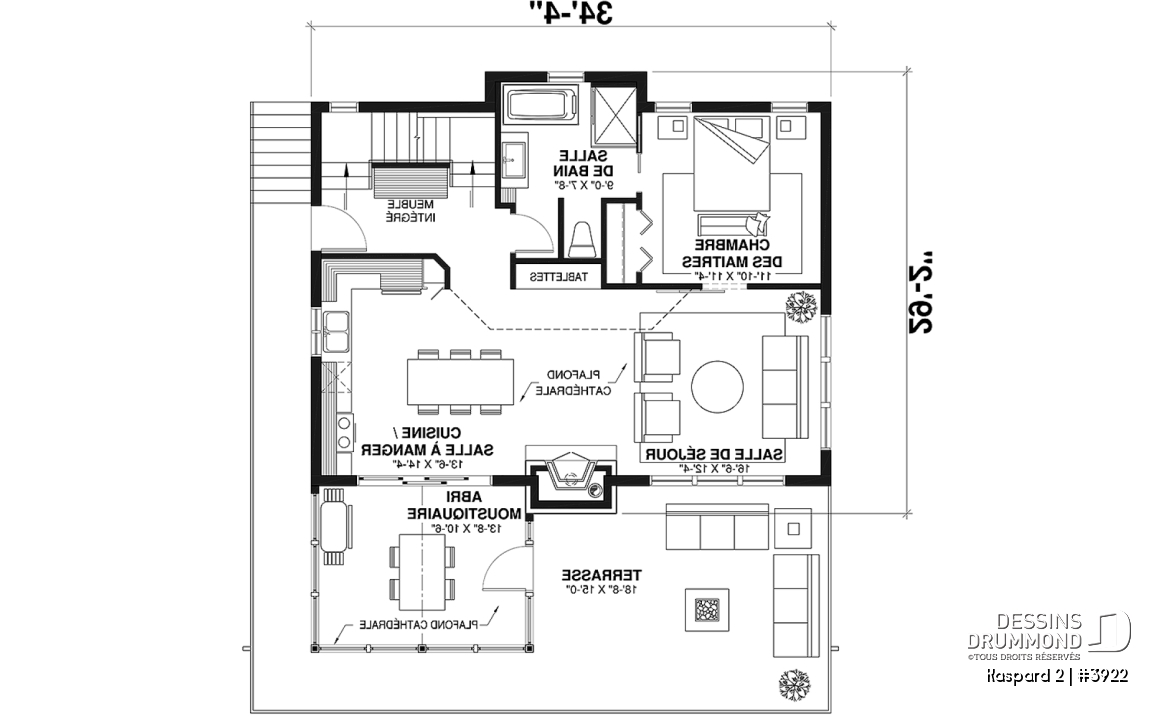 Rez-de-chaussée - Plan de chalet rustique, abri moustiquaire, 3 à 4 chambres, mezzanine, grande terrasse - Kaspard 2