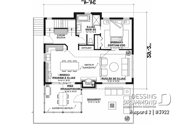 Rez-de-chaussée - Plan de chalet rustique, abri moustiquaire, 3 à 4 chambres, mezzanine, grande terrasse - Kaspard 2