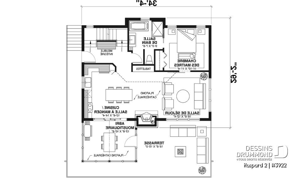 Rez-de-chaussée - Plan de chalet rustique, abri moustiquaire, 3 à 4 chambres, mezzanine, grande terrasse - Kaspard 2