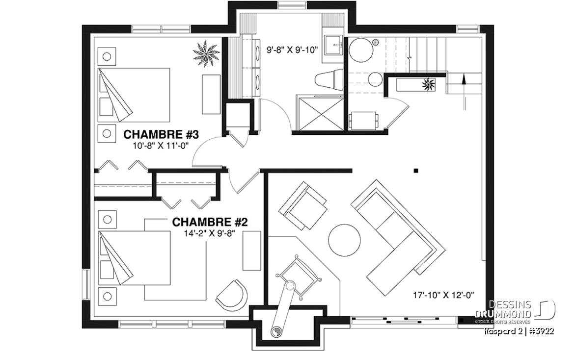Sous-sol - Plan de chalet rustique, abri moustiquaire, 3 à 4 chambres, mezzanine, grande terrasse - Kaspard 2