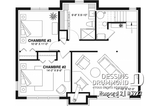 Sous-sol - Plan de chalet rustique, abri moustiquaire, 3 à 4 chambres, mezzanine, grande terrasse - Kaspard 2