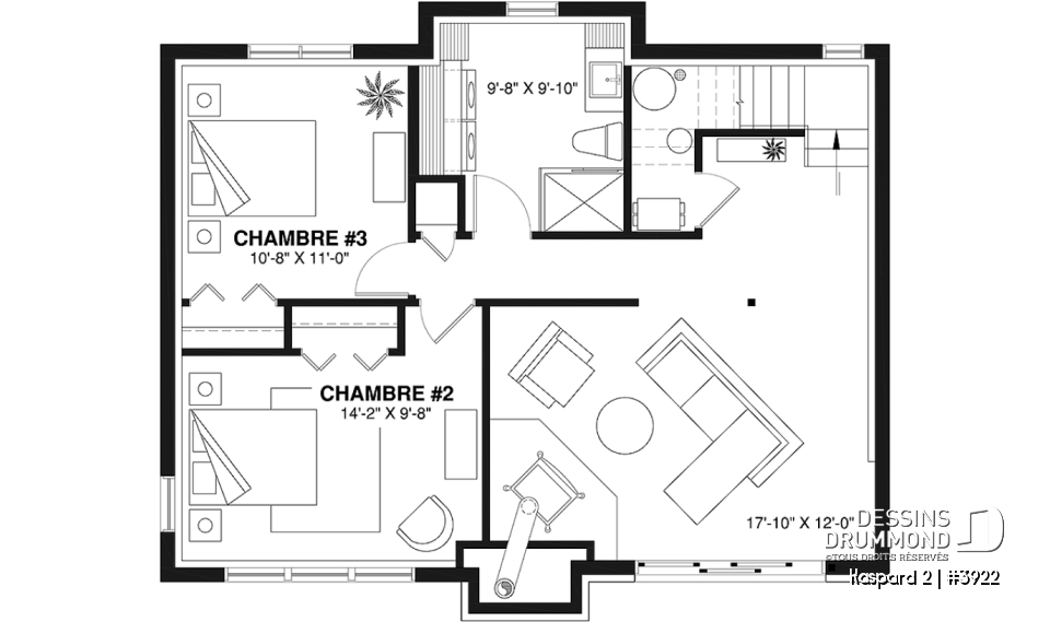 Sous-sol - Plan de chalet rustique, abri moustiquaire, 3 à 4 chambres, mezzanine, grande terrasse - Kaspard 2