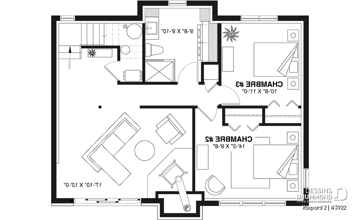 Sous-sol - Plan de chalet rustique, abri moustiquaire, 3 à 4 chambres, mezzanine, grande terrasse - Kaspard 2